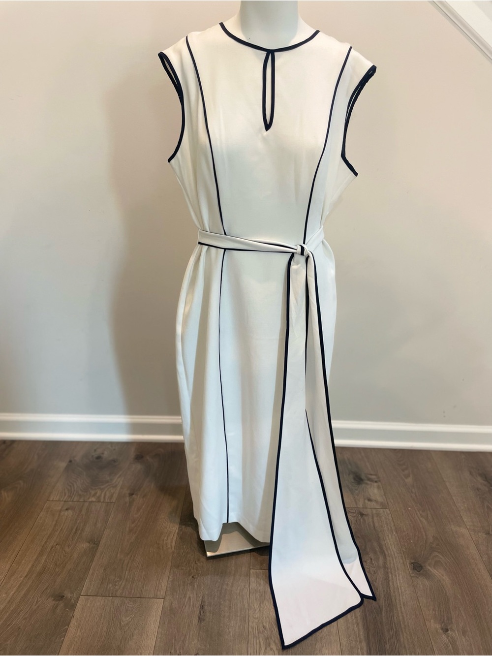 New York & Company White Midi Dress with Black Trim and Belt